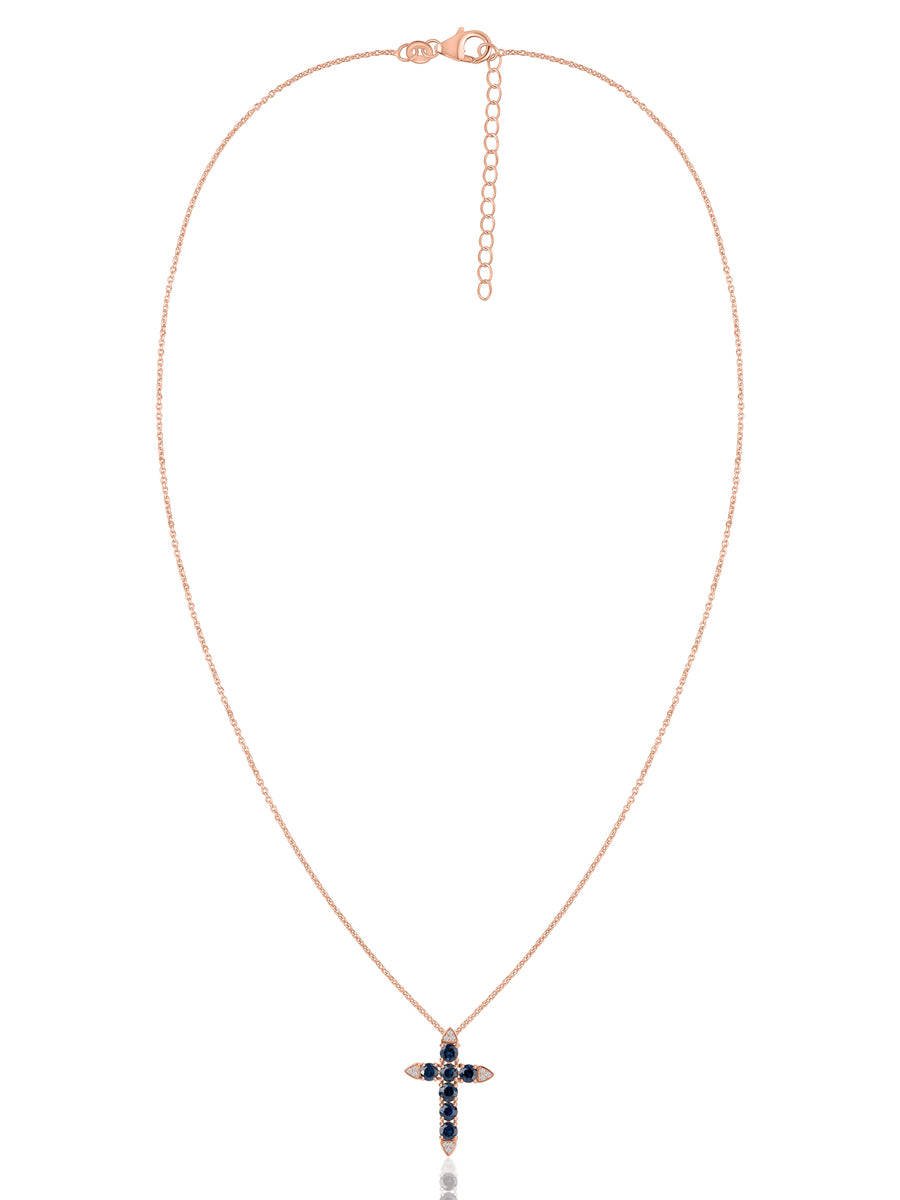 Blue Sapphire Gold Cross Pendant with Chain