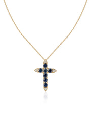 Blue Sapphire Gold Cross Pendant with Chain