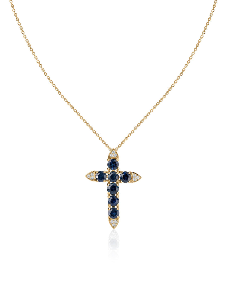 Blue Sapphire Gold Cross Pendant with Chain