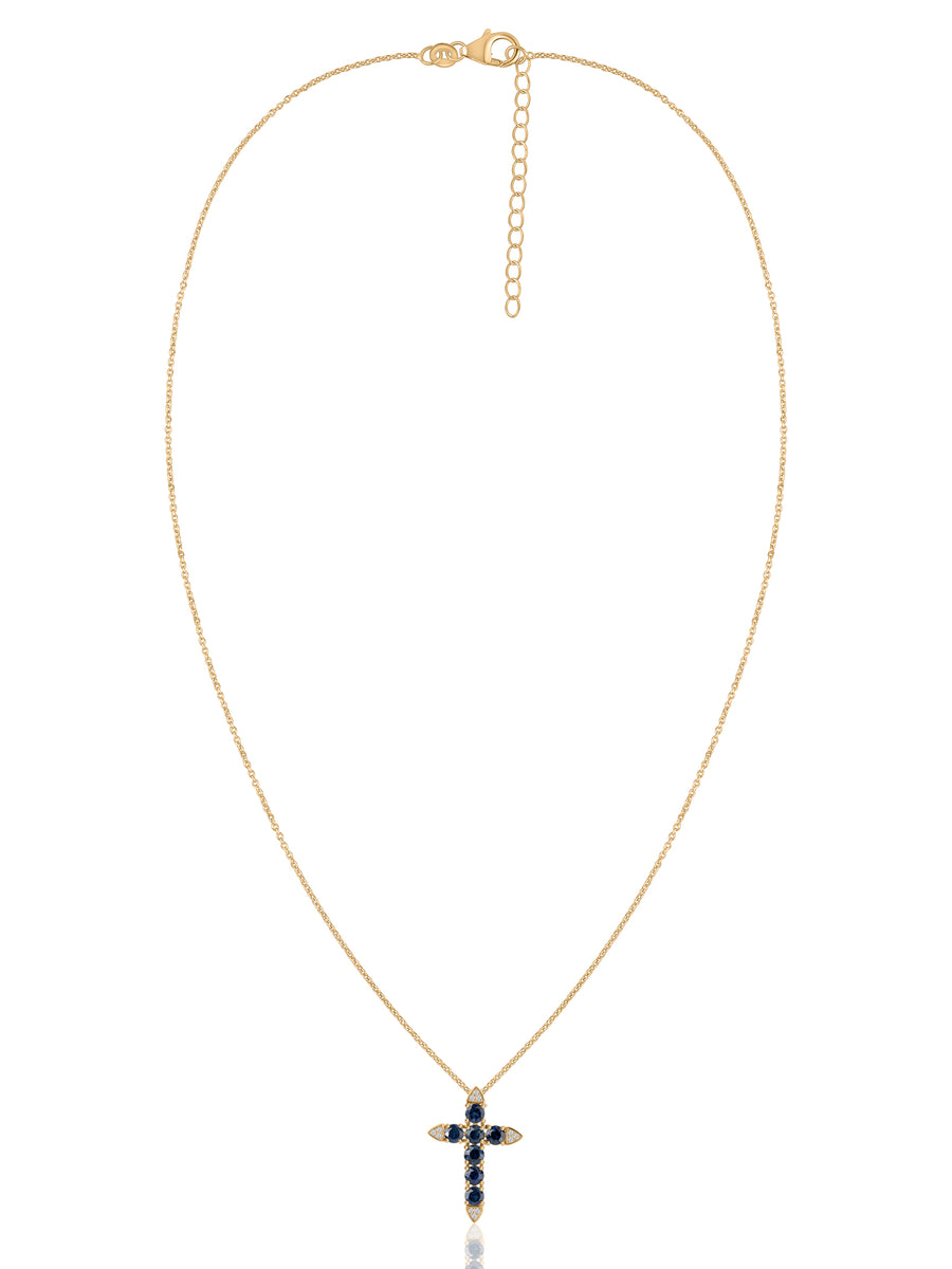 Blue Sapphire Gold Cross Pendant with Chain
