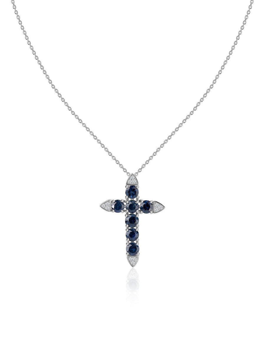 Blue Sapphire Gold Cross Pendant with Chain