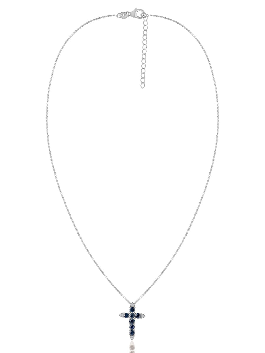 Blue Sapphire Gold Cross Pendant with Chain