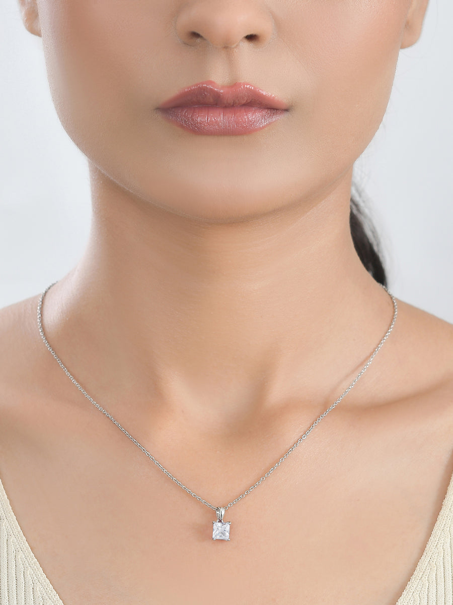 Princess Diamond Look Pendant With Chain