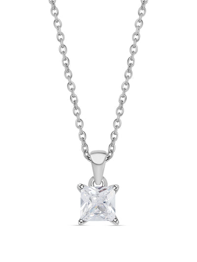 Princess Diamond Look Silver Pendant with Chain for Women