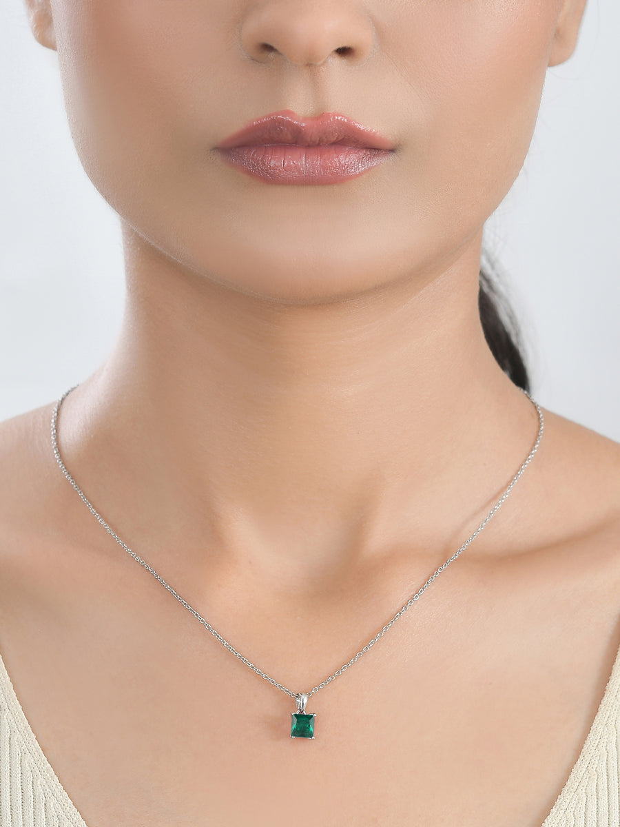 Princess Green Emerald CZ Pendant With Chain