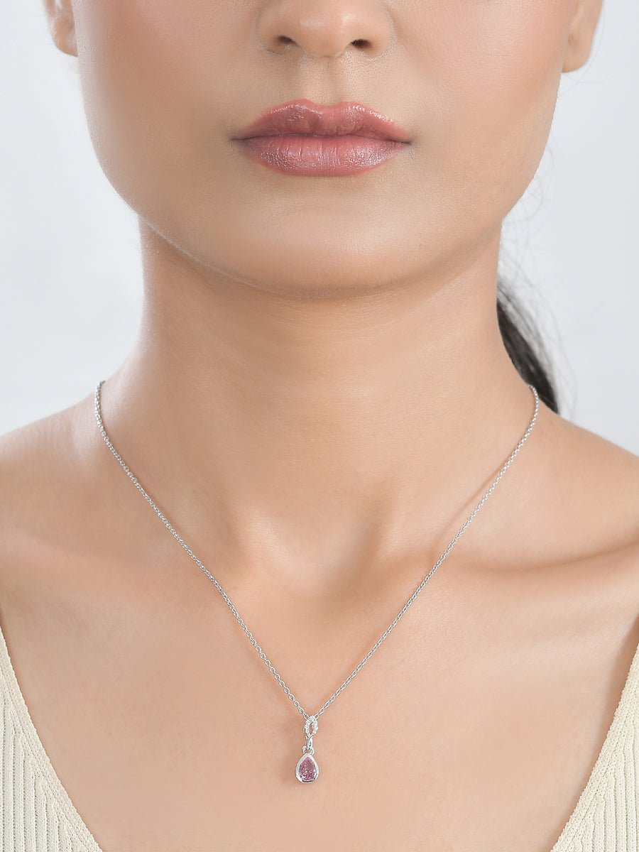 Silver Necklace for Women with Silver chain and Pink CZ halo pendant