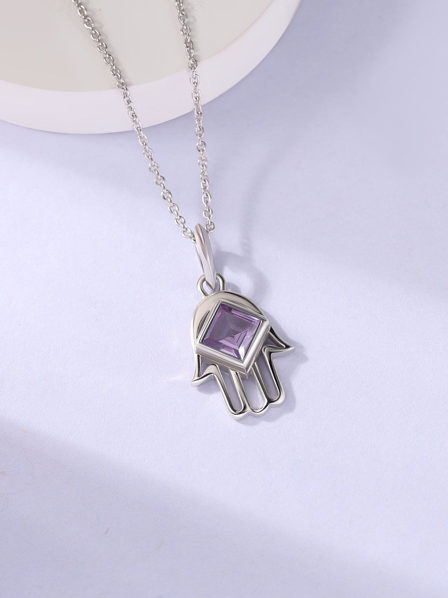 Natural Amethyst Hamsa Protection Pendant with Chain