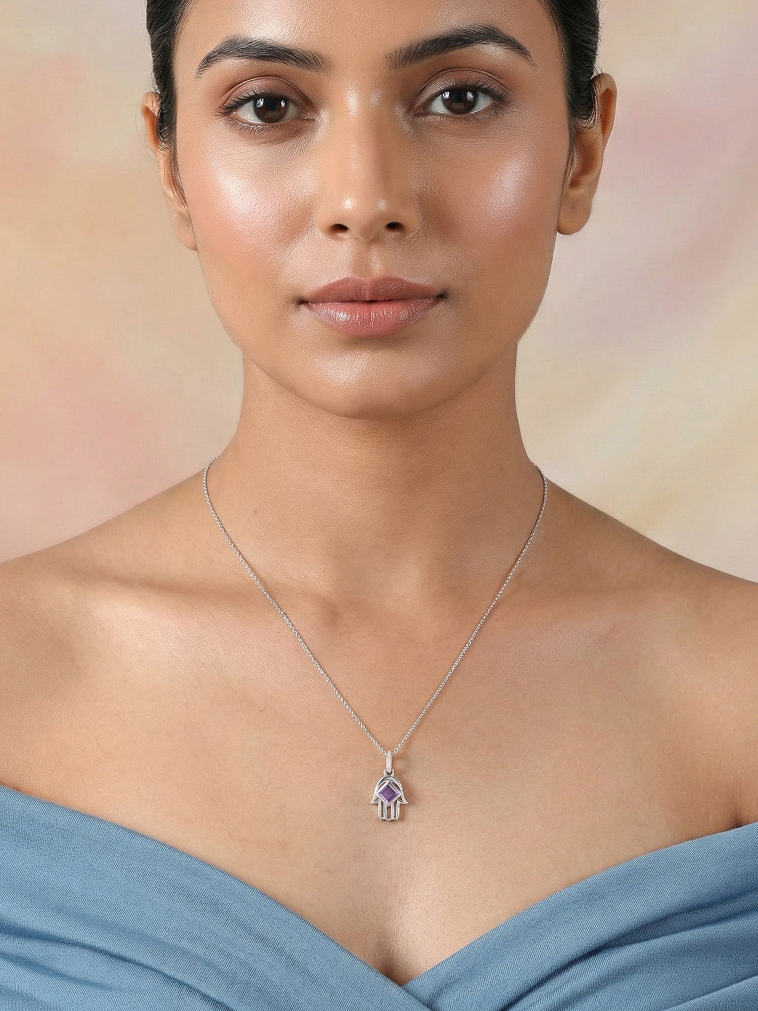 Natural Amethyst Hamsa Protection Pendant with Chain