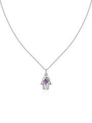 Natural Amethyst Hamsa Protection Pendant with Chain