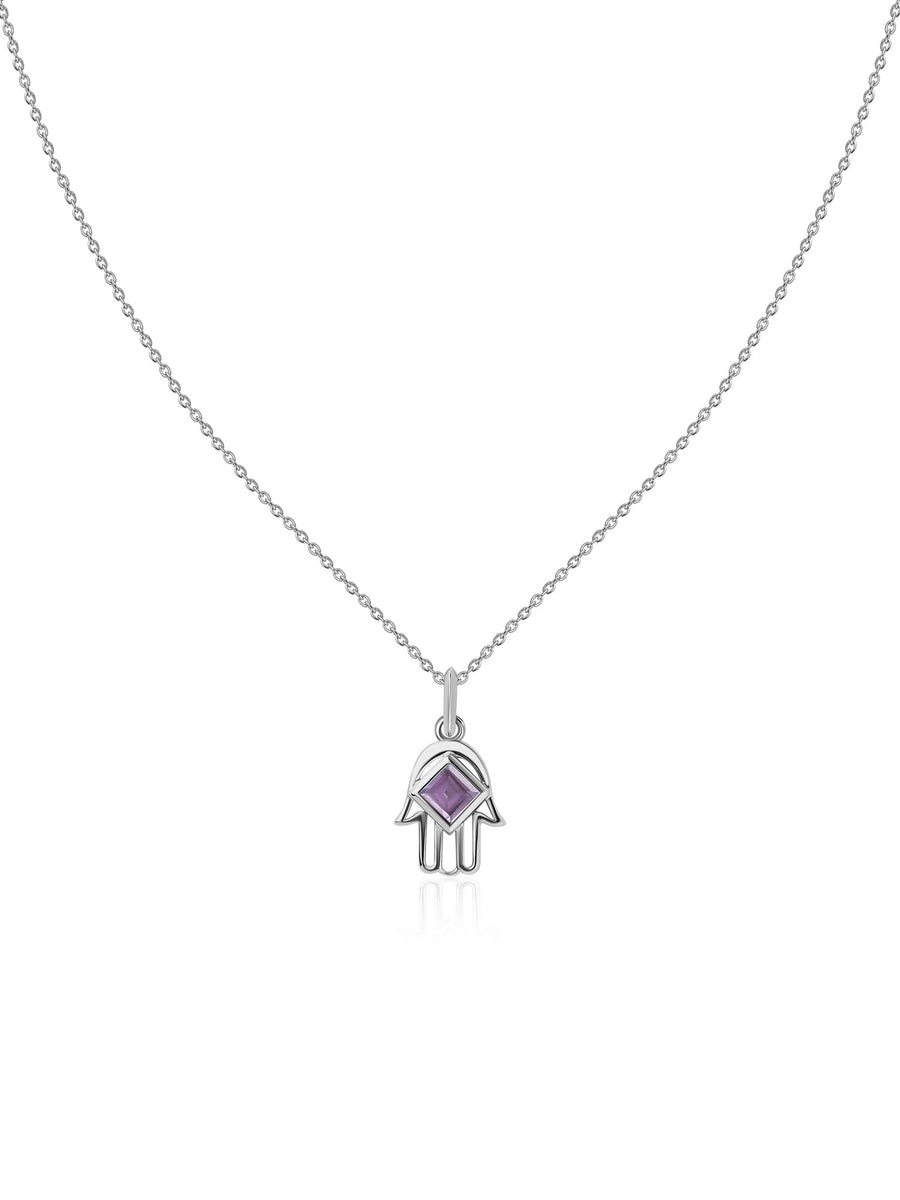 Natural Amethyst Hamsa Protection Pendant with Chain