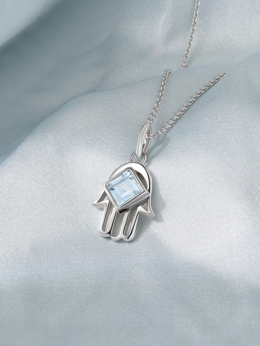 Aquamarine Hamsa Protection Pendant with Chain