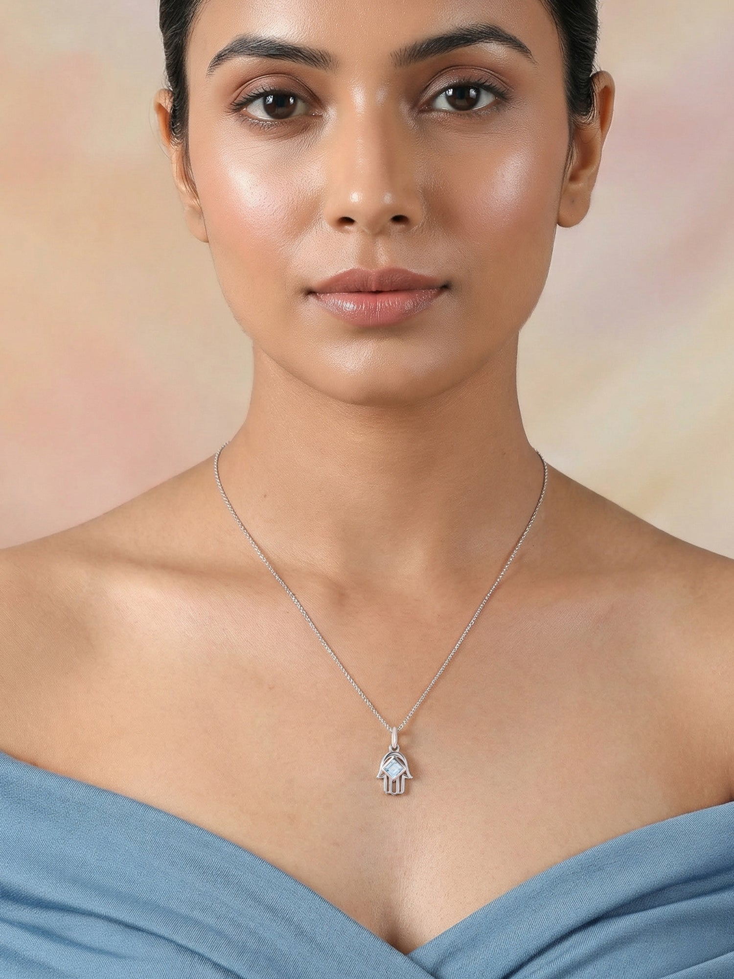 Aquamarine Hamsa Protection Pendant with Chain