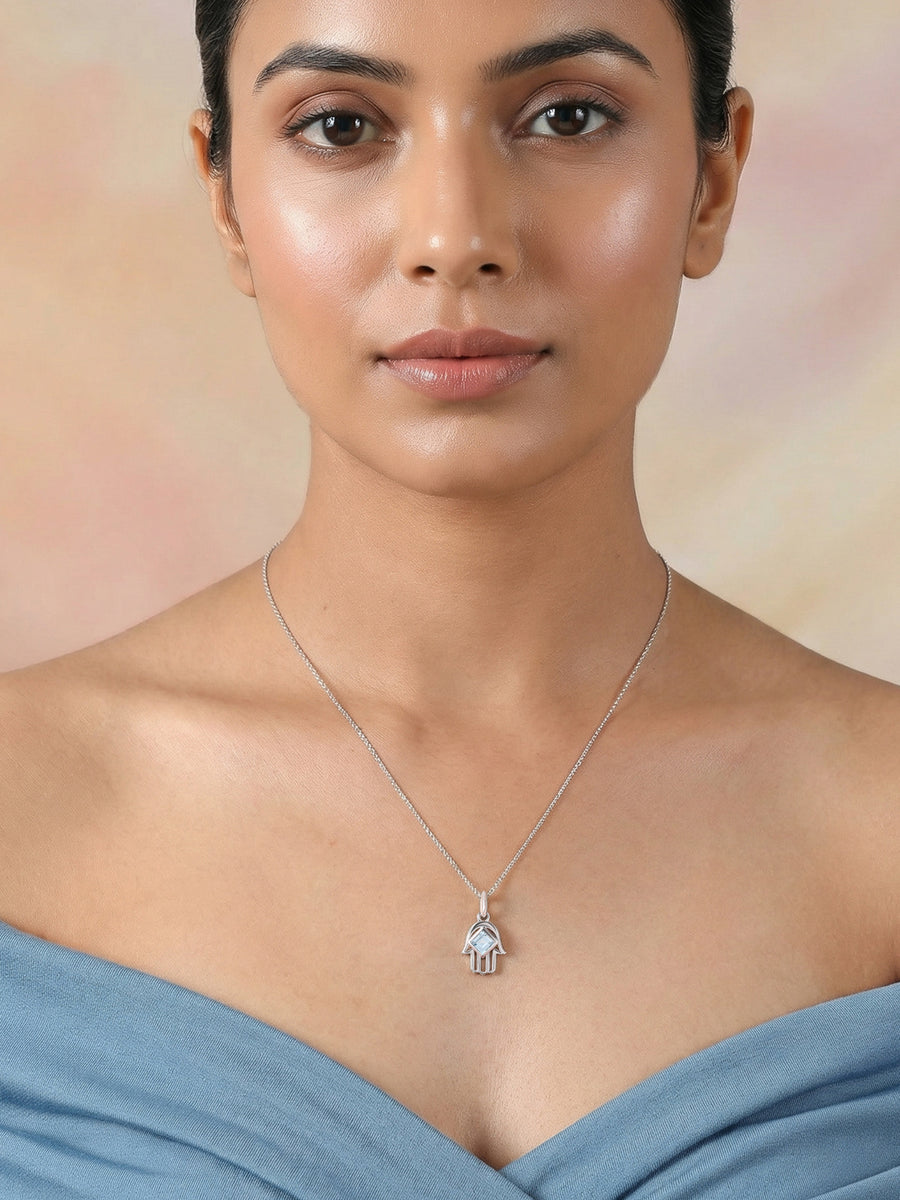 Aquamarine Hamsa Protection Pendant with Chain