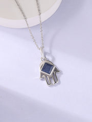 Blue Sapphire Hamsa Protection Pendant with Chain
