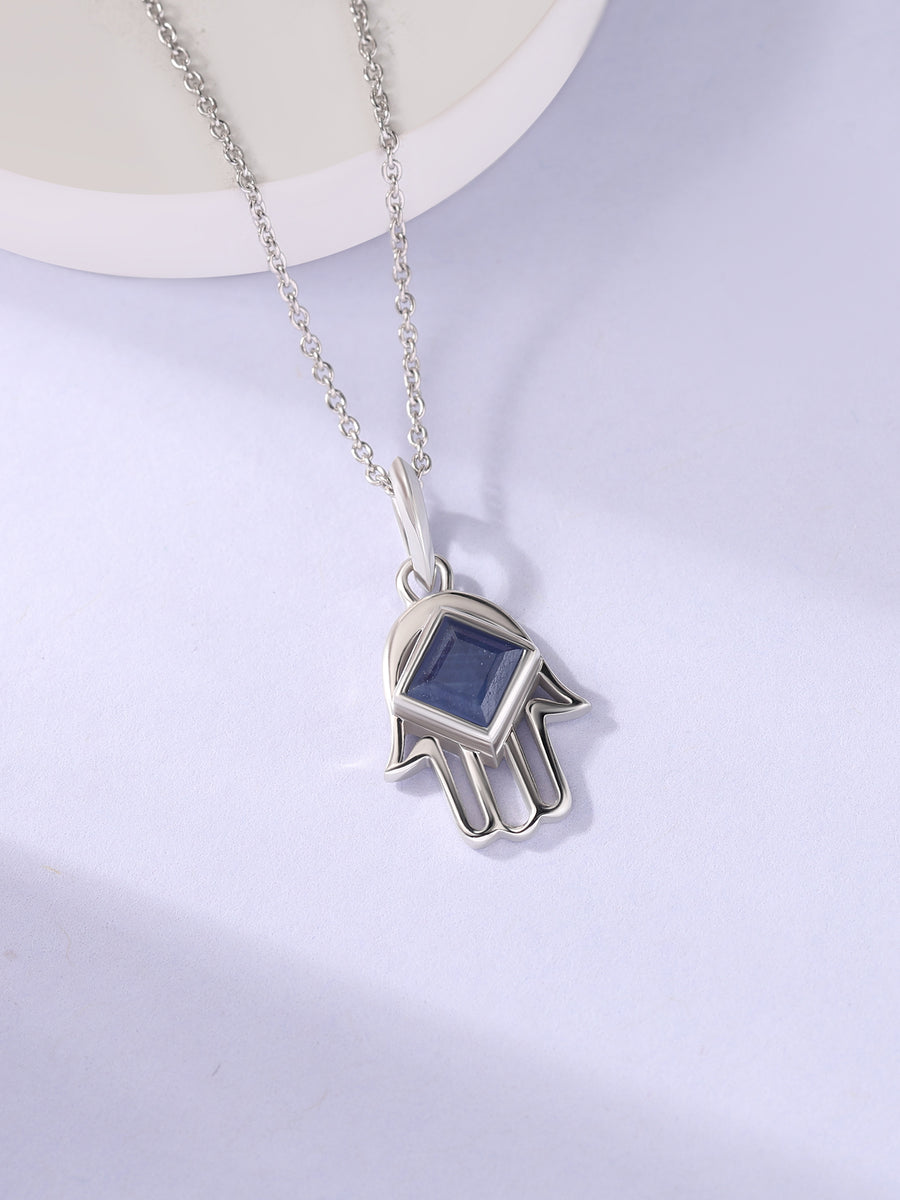 Blue Sapphire Hamsa Protection Pendant with Chain