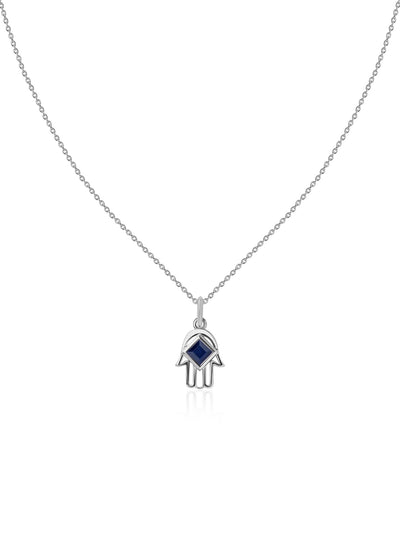 Natural Blue Sapphire Silver Hamsa Hand Pendant for Women
