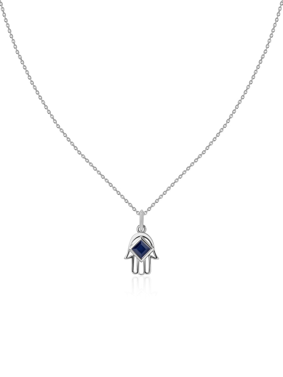 Blue Sapphire Hamsa Protection Pendant with Chain