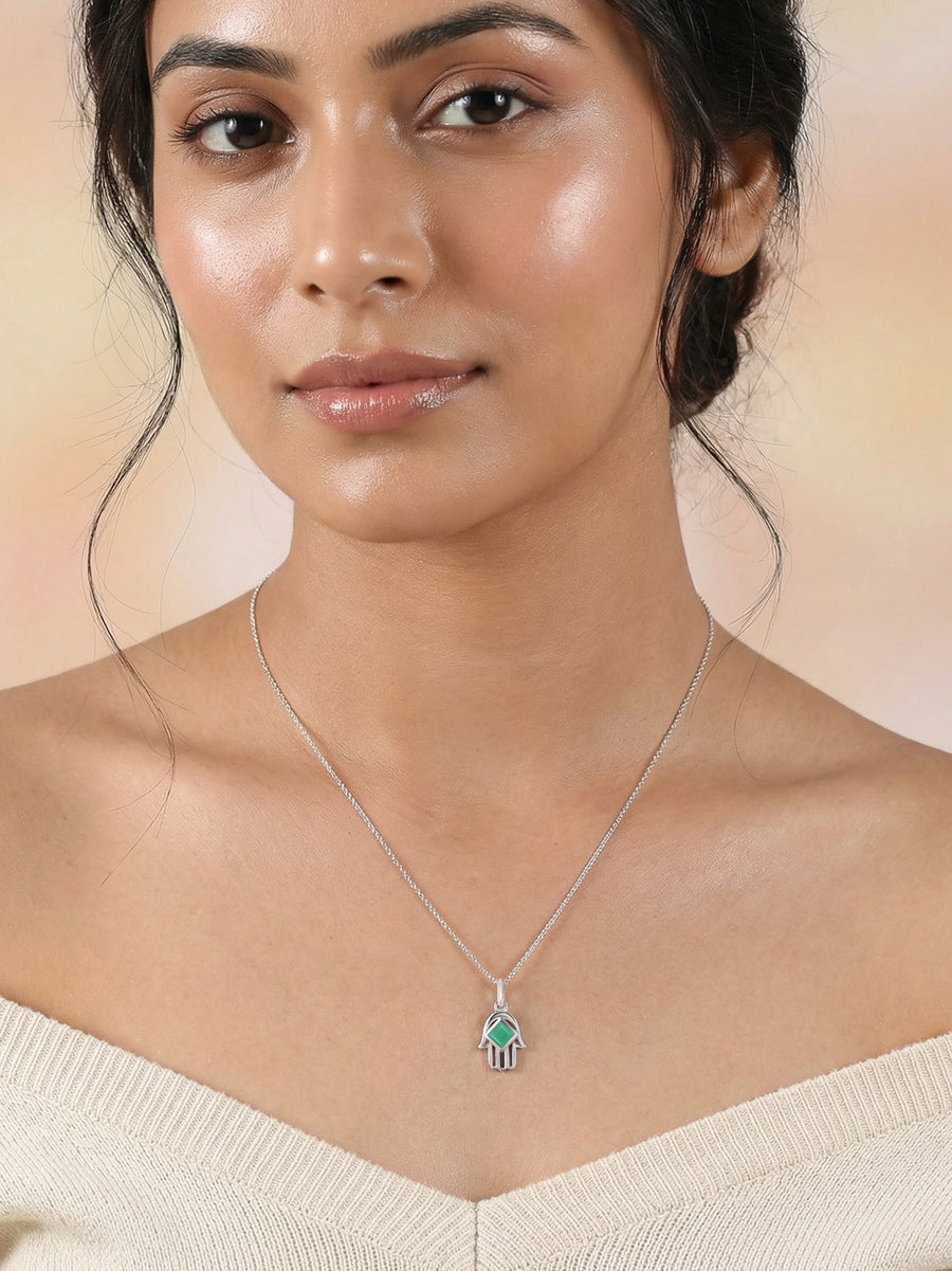 Natural Emerald Hamsa Protection Pendant with Chain
