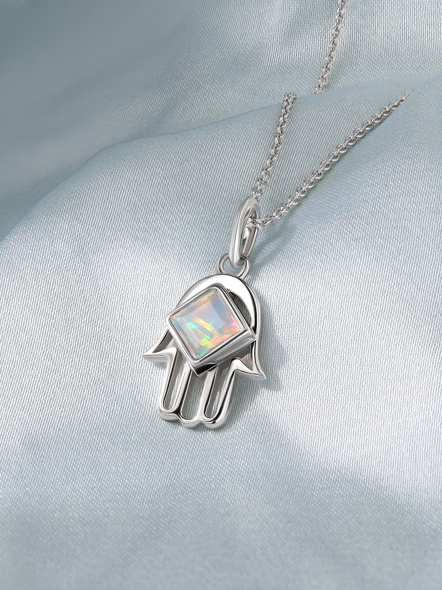 Natural Ethiopian Opal Hamsa Protection Pendant with Chain
