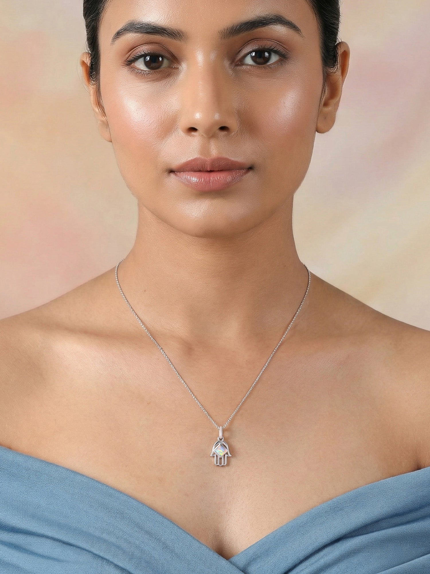 Natural Ethiopian Opal Hamsa Protection Pendant with Chain