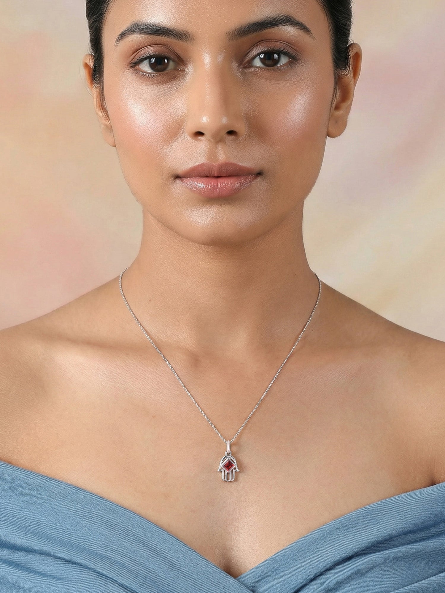 Natural Garnet Hamsa Protection Pendant with Chain