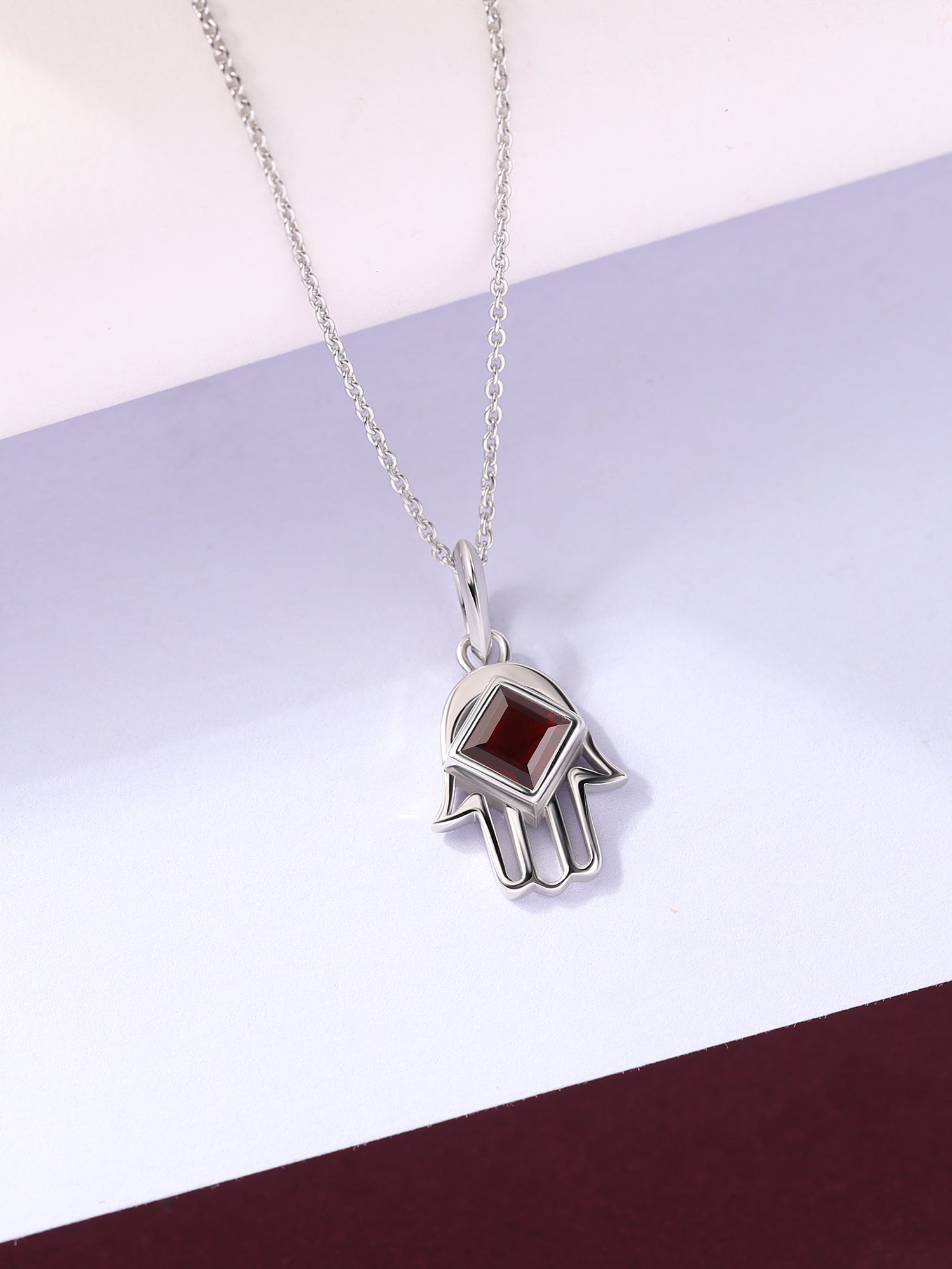 Natural Garnet Hamsa Protection Pendant with Chain