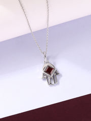 Natural Garnet Hamsa Protection Pendant with Chain