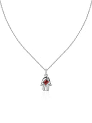 Natural Garnet Hamsa Protection Pendant with Chain