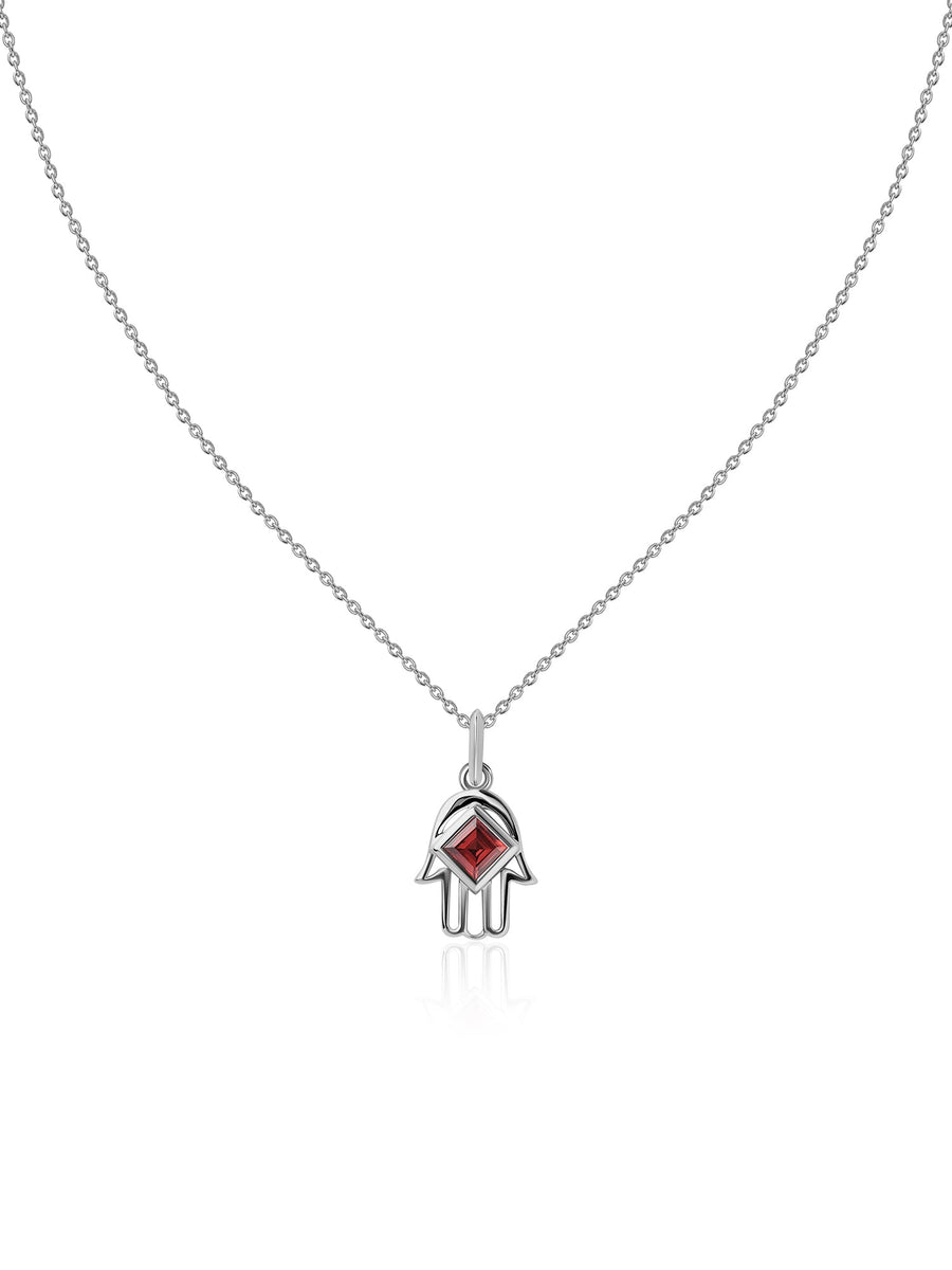 Natural Garnet Hamsa Protection Pendant with Chain