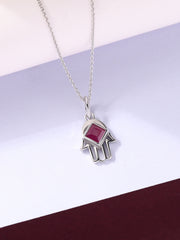 Natural Ruby Hamsa Protection Pendant with Chain