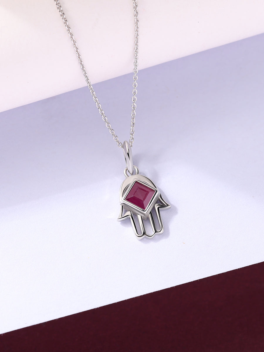Natural Ruby Hamsa Protection Pendant with Chain