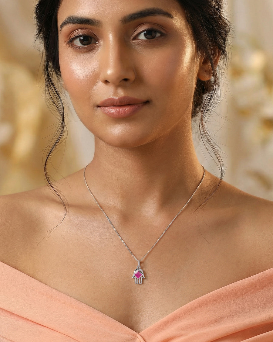 Natural Ruby Hamsa Protection Pendant with Chain