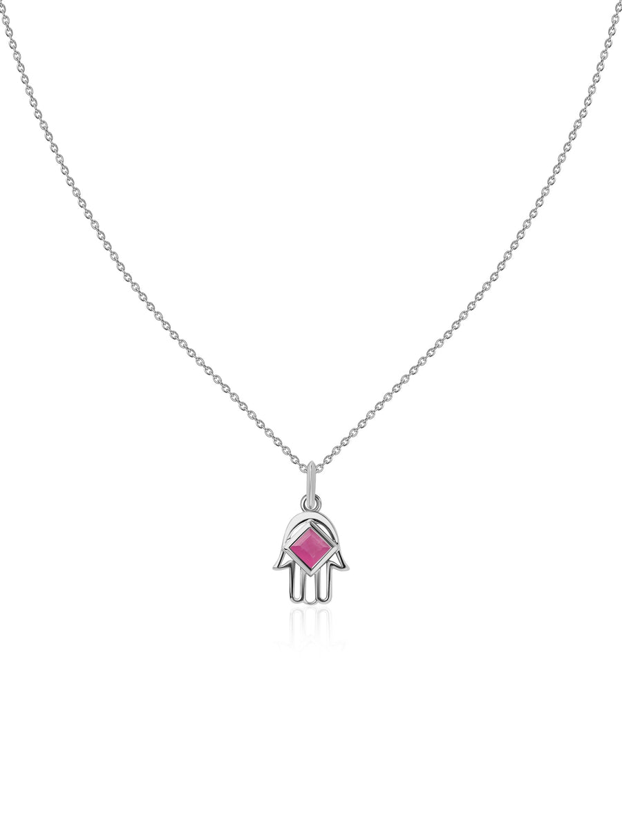 Natural Ruby Hamsa Protection Pendant with Chain