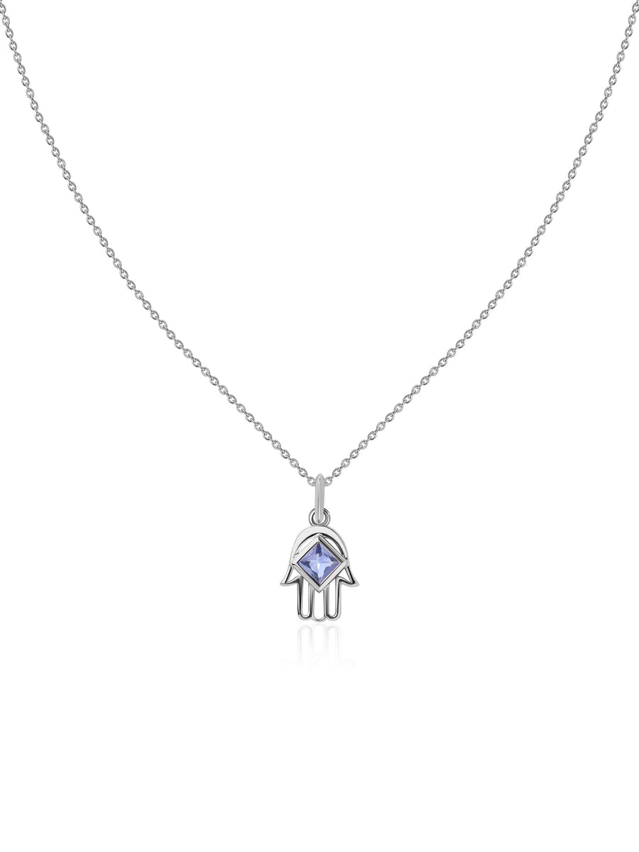 Natural Tanzanite Hamsa Protection Pendant with Chain