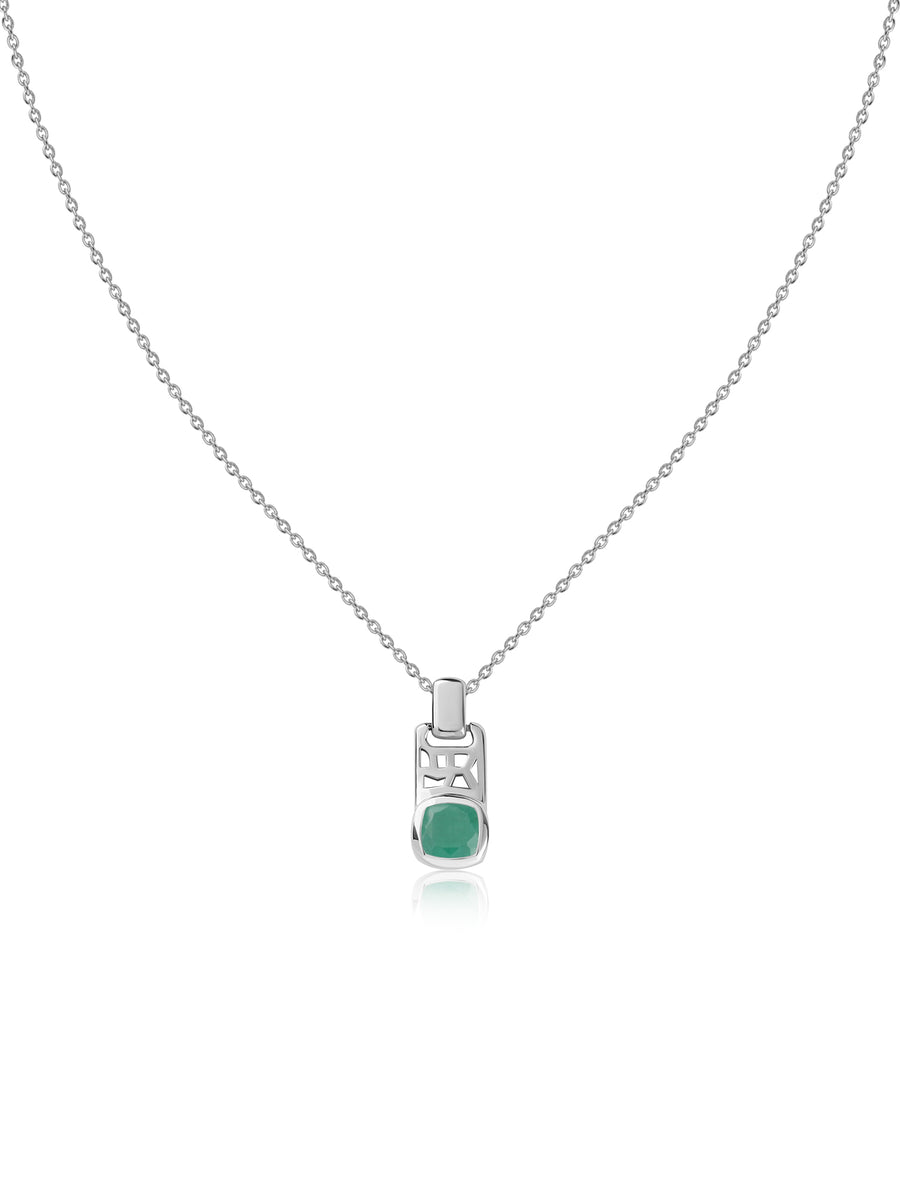 Emerald Geometric Silver Pendant with Chain