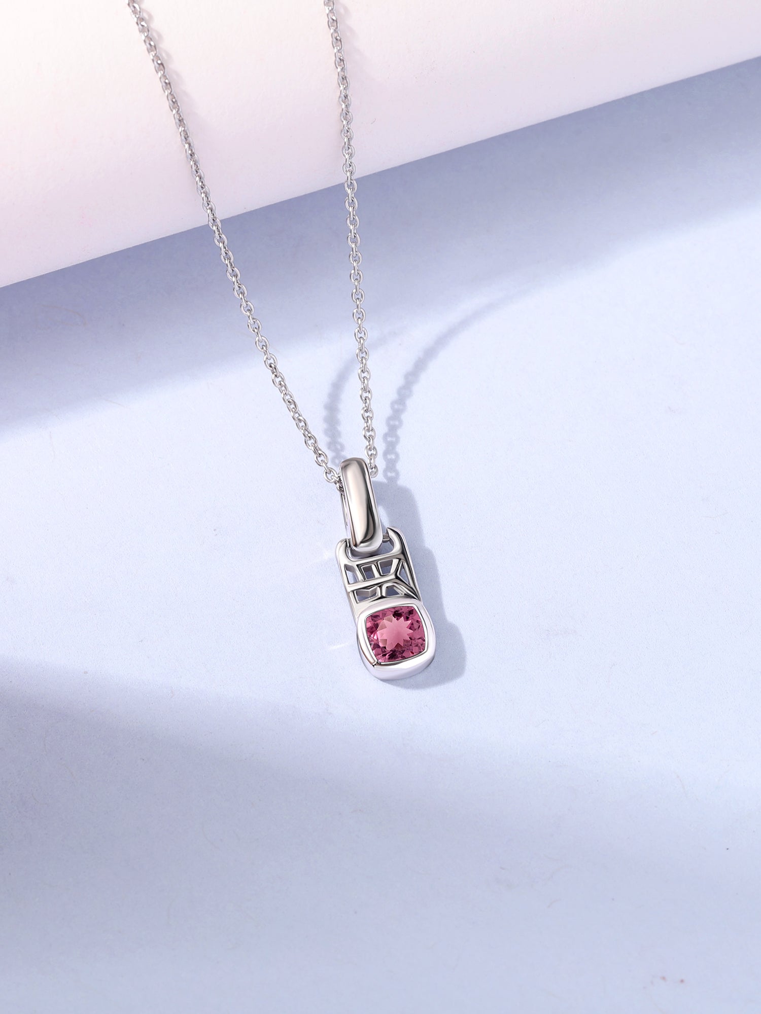 Pink Tourmaline Geometric Silver Pendant with Chain