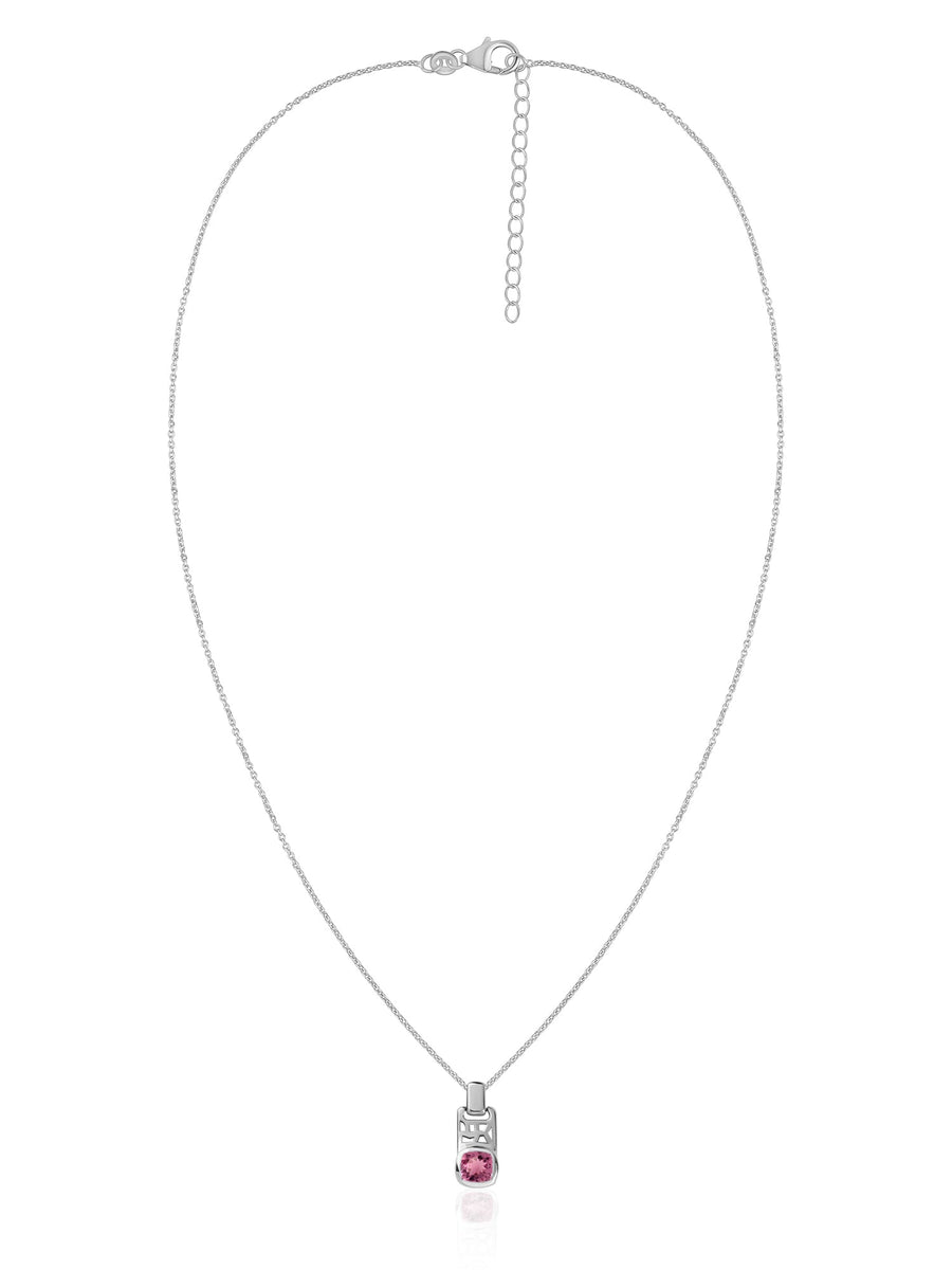 Pink Tourmaline Geometric Silver Pendant with Chain