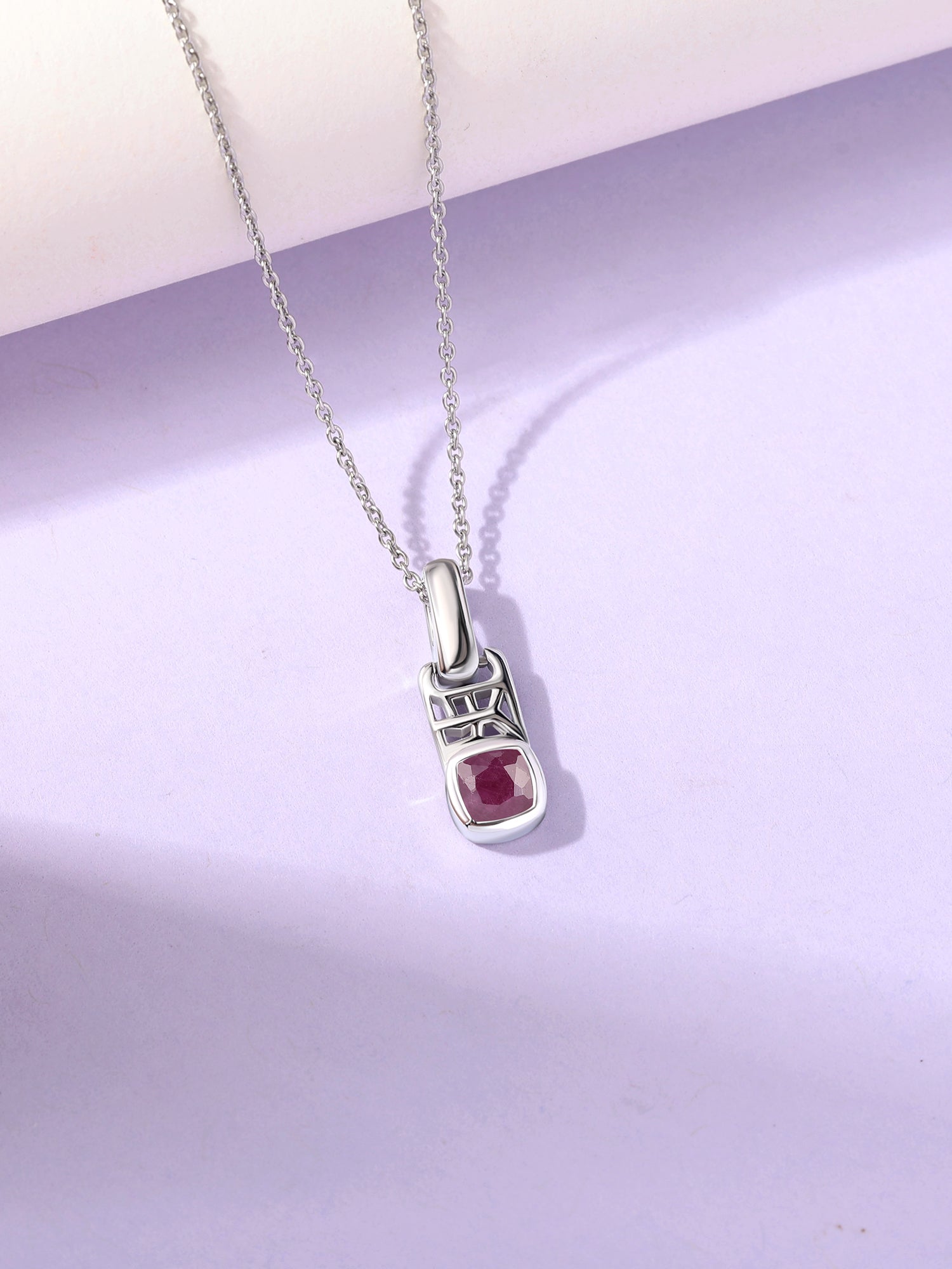 Natural Ruby Geometric Silver Pendant with Chain