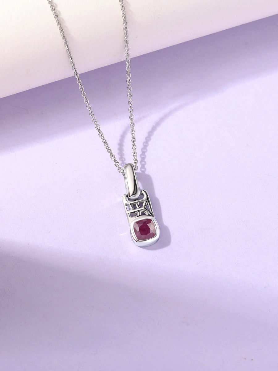 Natural Ruby Geometric Silver Pendant with Chain
