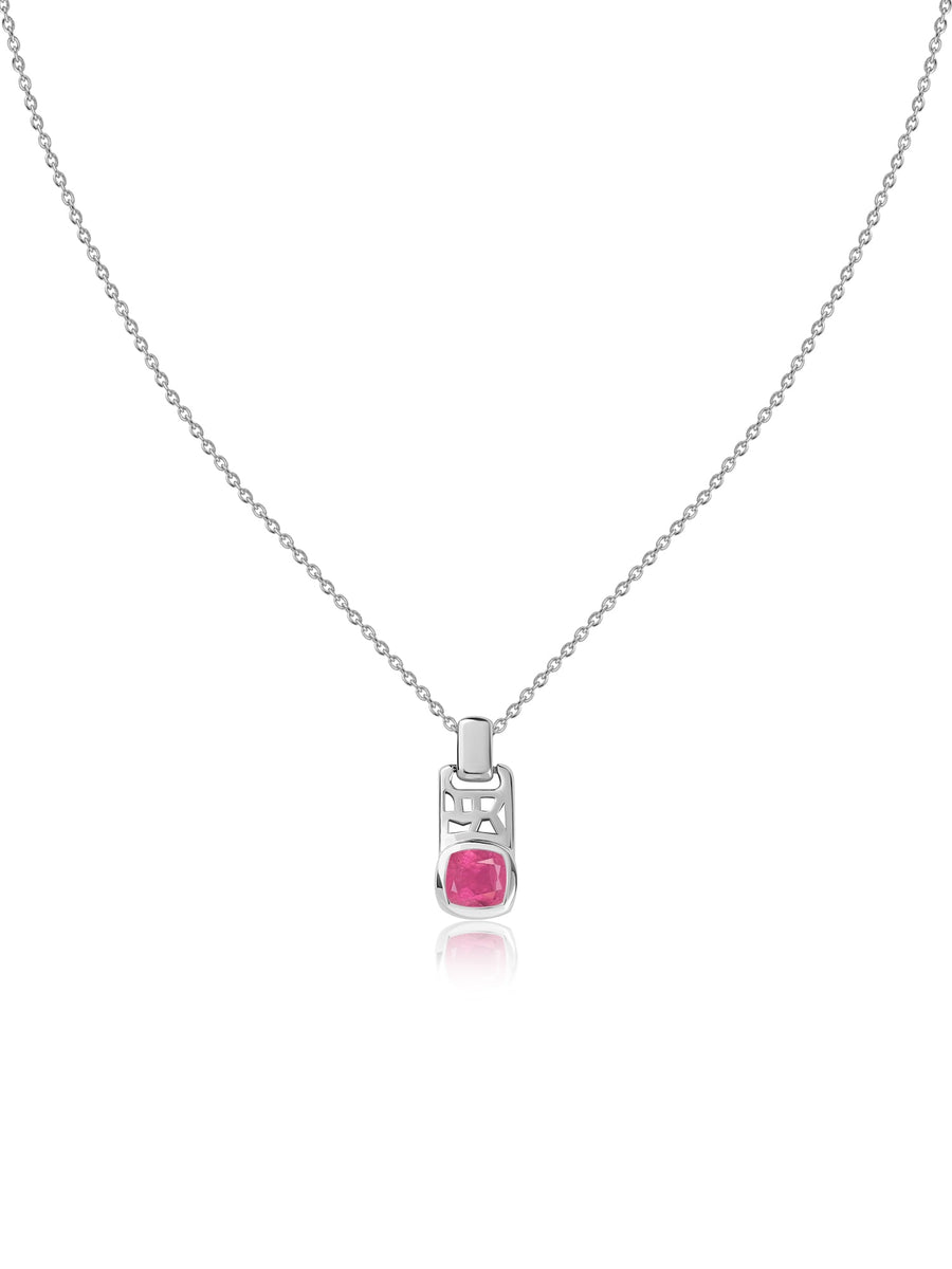Natural Ruby Geometric Silver Pendant with Chain