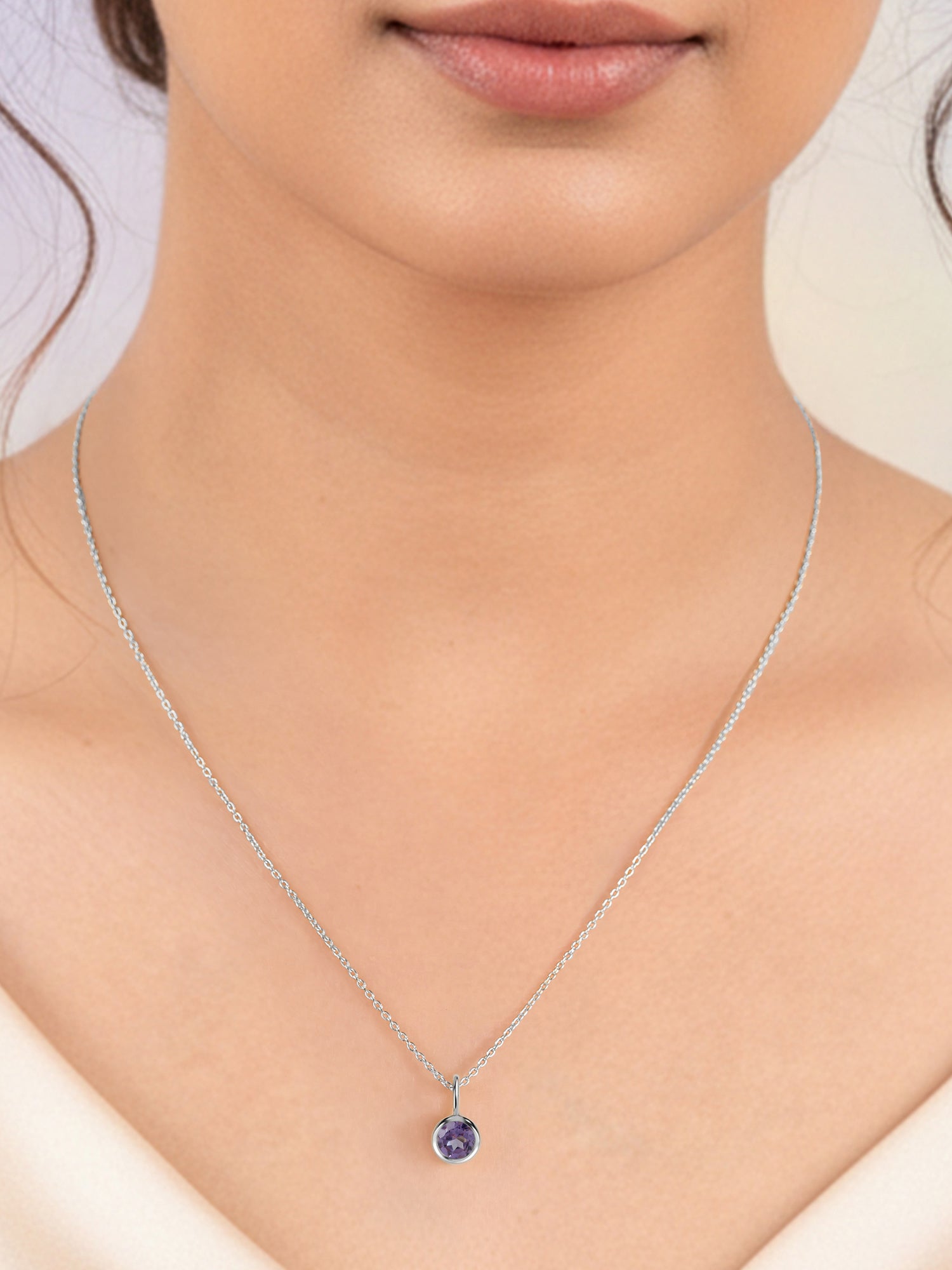 Natural Amethyst Round Solitaire Pendant with Chain