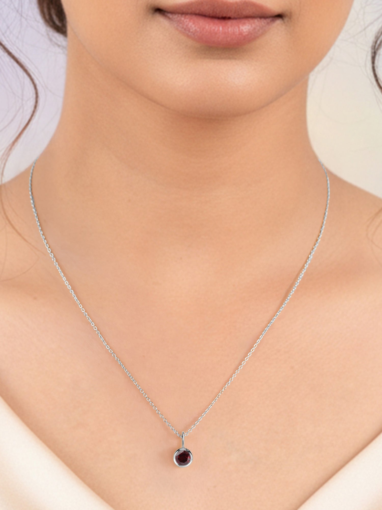 Natural Garnet Round Solitaire Pendant with Chain