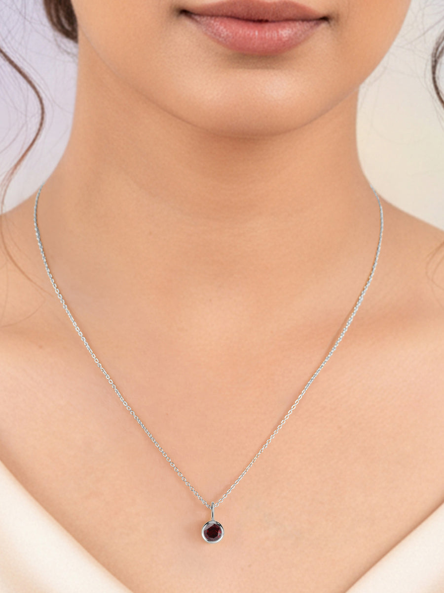 Natural Garnet Round Solitaire Pendant with Chain