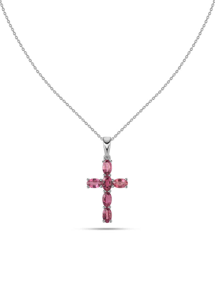 Natural Pink Tourmaline Cross Silver Pendant