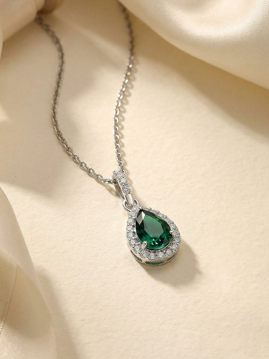 Pear Shape Emerald Halo Pendant With Silver Chain
