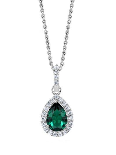 Pear Shape Emerald CZ Halo Pendant With Silver Chain