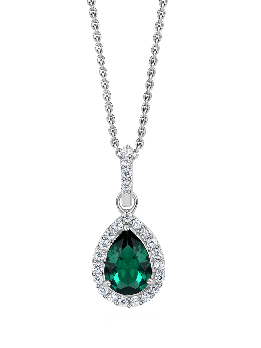 Pear Shape Emerald Halo Pendant With Silver Chain