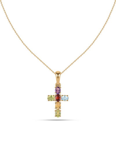 Sacred Spectrum Natural Multi-Gemstone Gold Plated Cross Pendant