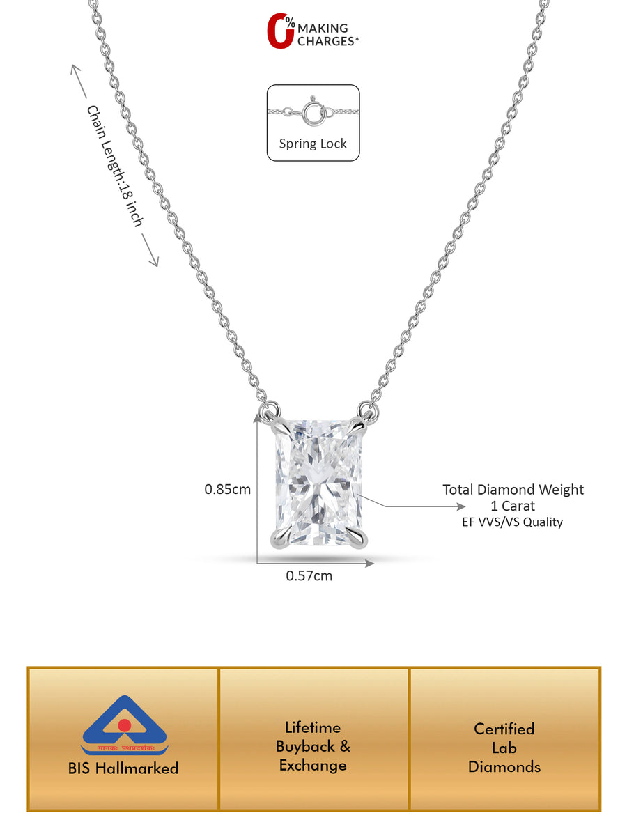 Radiant 1 Carat Solitaire Diamond Gold Necklace