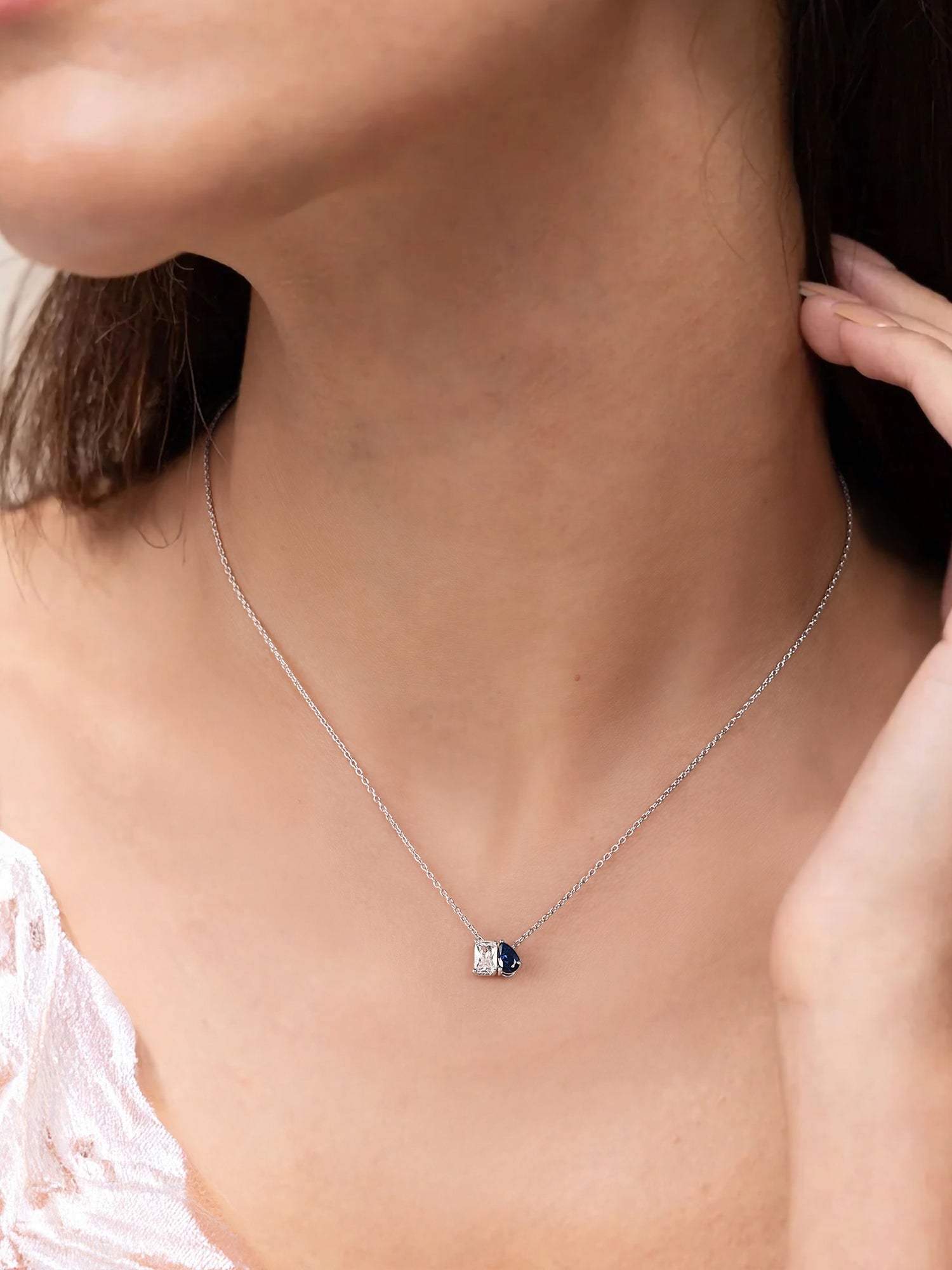 Toi Et Moi Blue CZ Pendant With Silver Chain